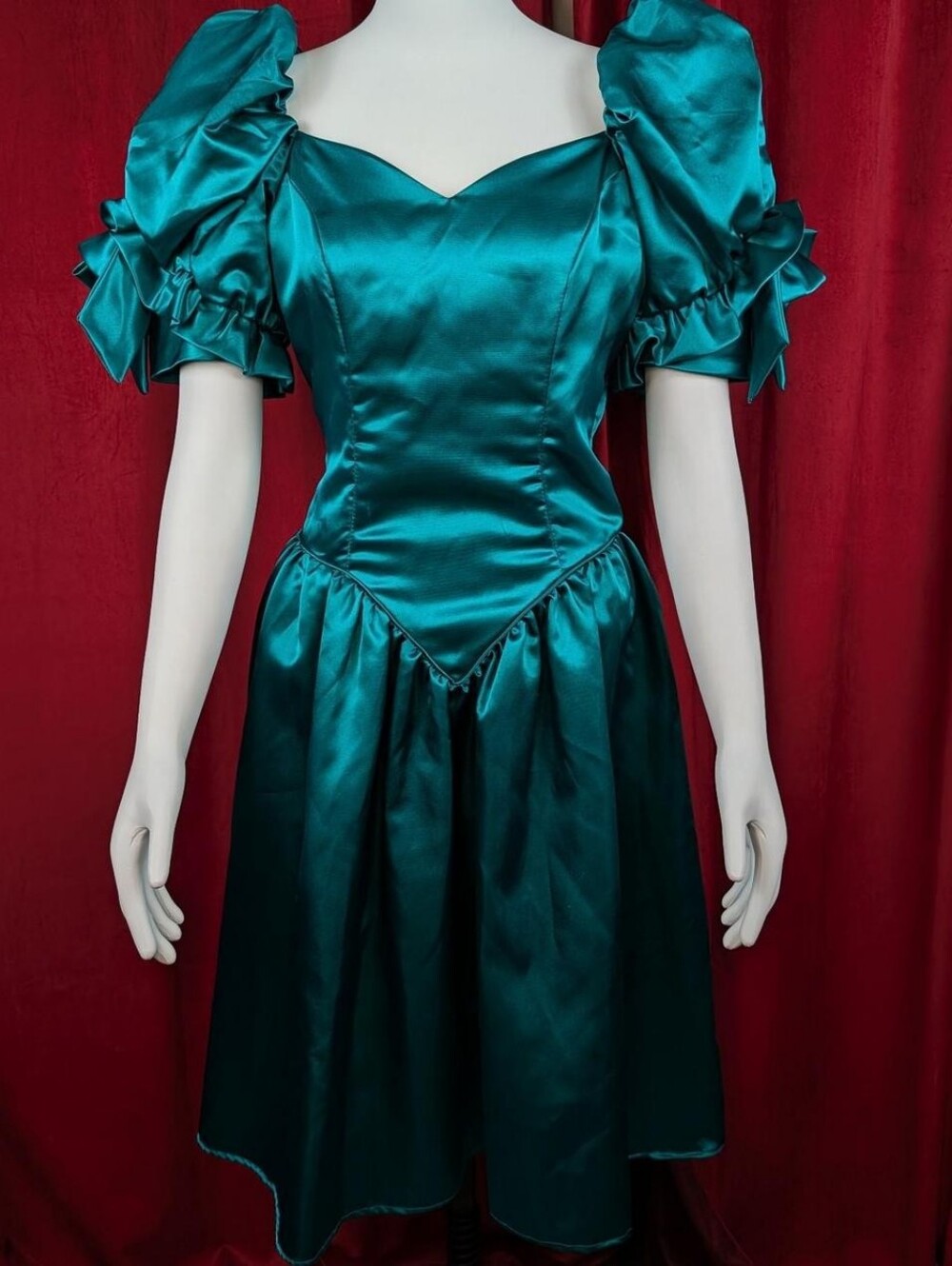 Vintage 80's Union Made Teal Green Satin Basque Waist Puff Sleeve Party Dress